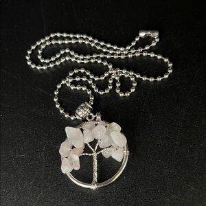 Silver Tree of Life 19” Pendant Necklace with Light Pink Quartz Gem Chips